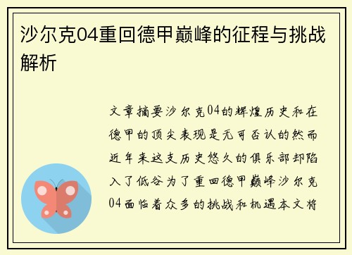 沙尔克04重回德甲巅峰的征程与挑战解析