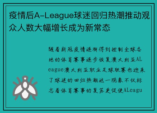 疫情后A-League球迷回归热潮推动观众人数大幅增长成为新常态